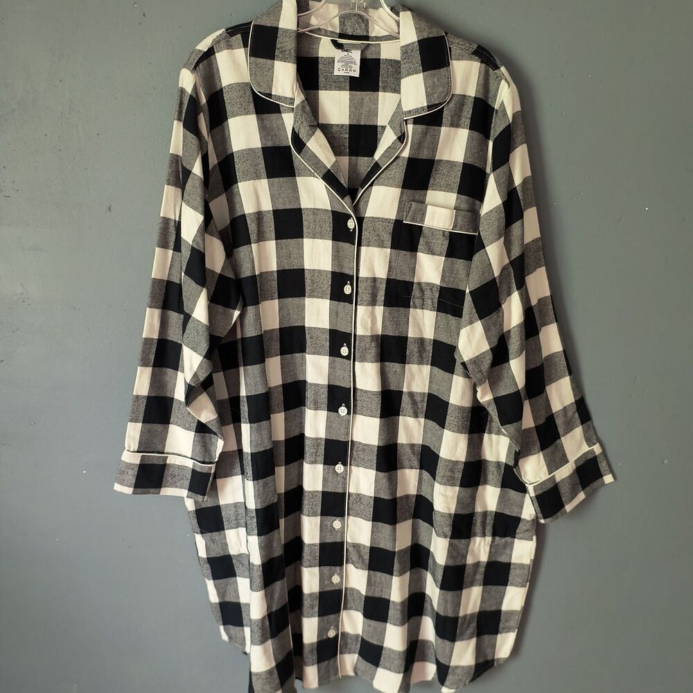 Lands' End Sleep Shirt Womens 2X Black White Plaid Flannel Cotton Buttons Cozy